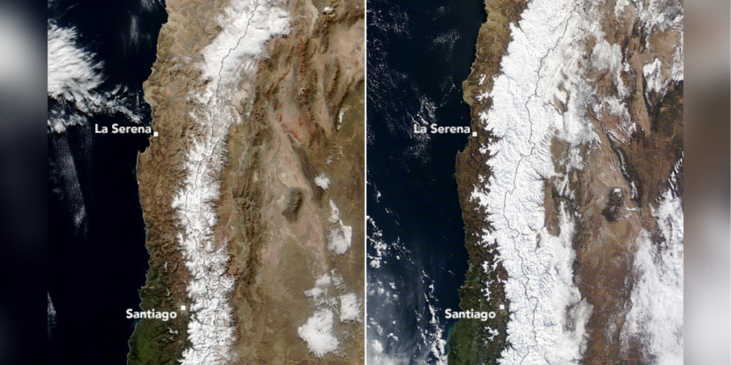 Nieve en la cordillera de los andes captada por la NASA