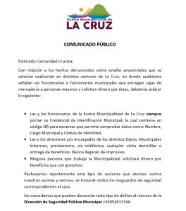 comunicado por estafas presenciales a adultos mayores en la cruz 