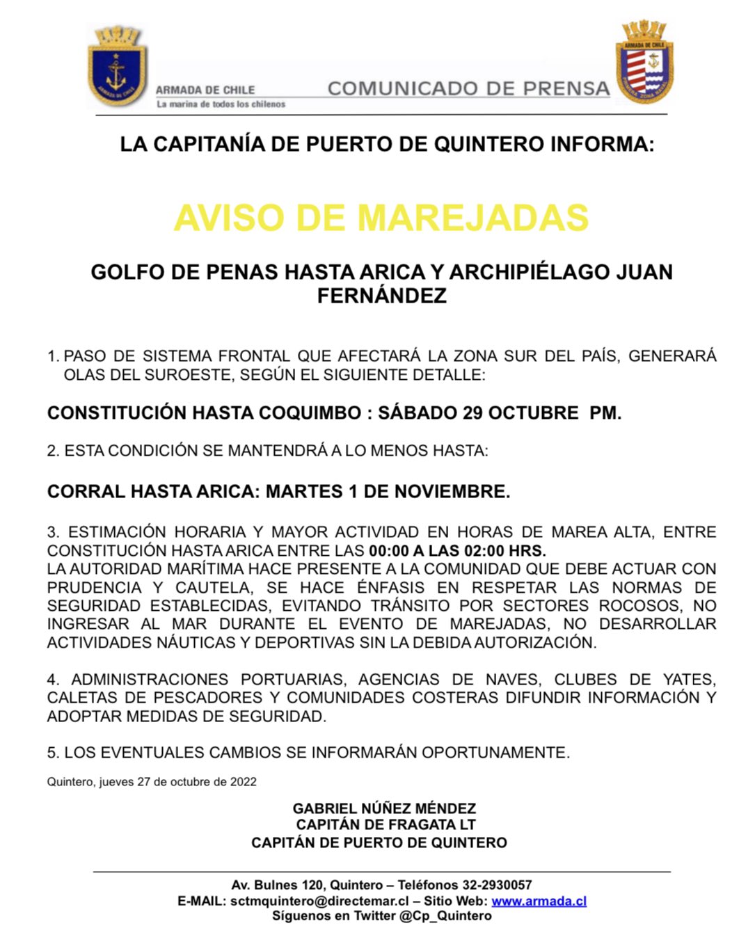 Aviso especial de marejadas 29 de octubre de 2022 en la Región de Valparaíso