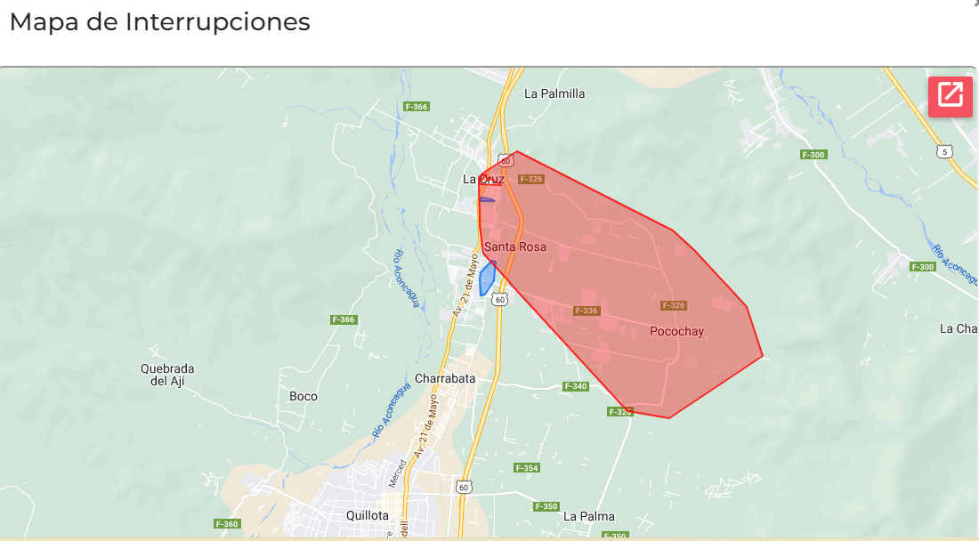 Mapa con los cortes de luz en La Cruz por incendio forestal de Pocochay