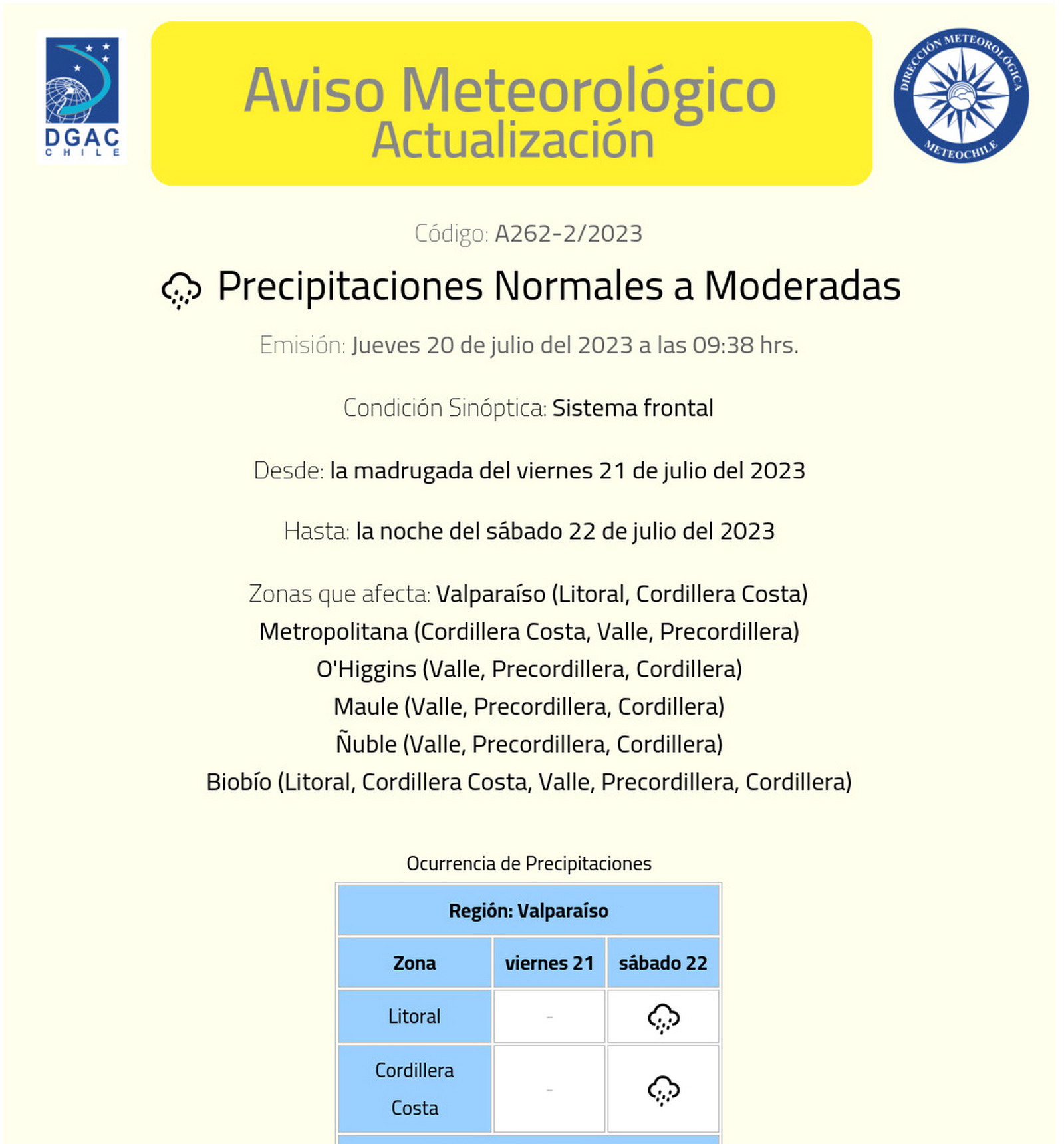 Precipitaciones normales a moderadas en la región de Valparaíso