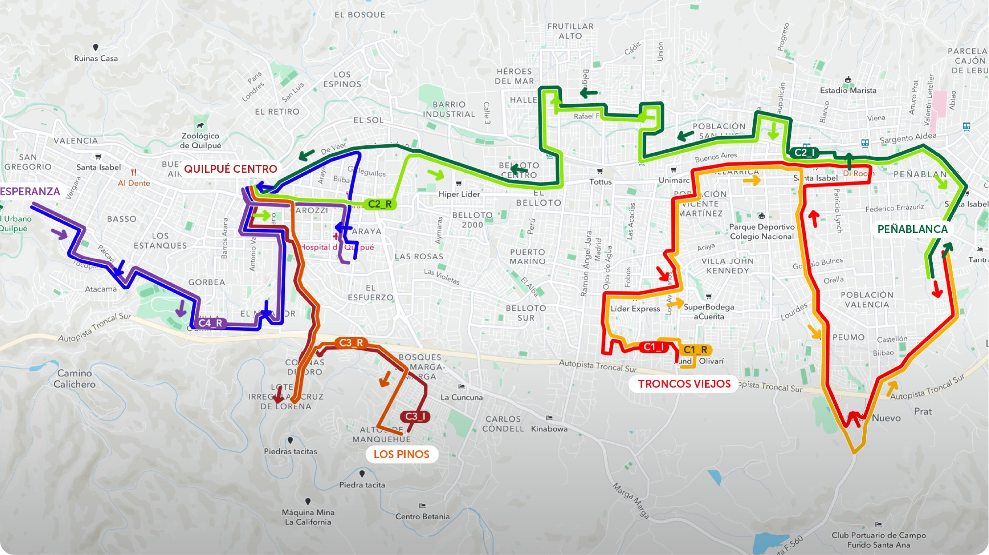 Mapa de recorridos de bus de conexión con metro en Quilpué y Villa Alemana