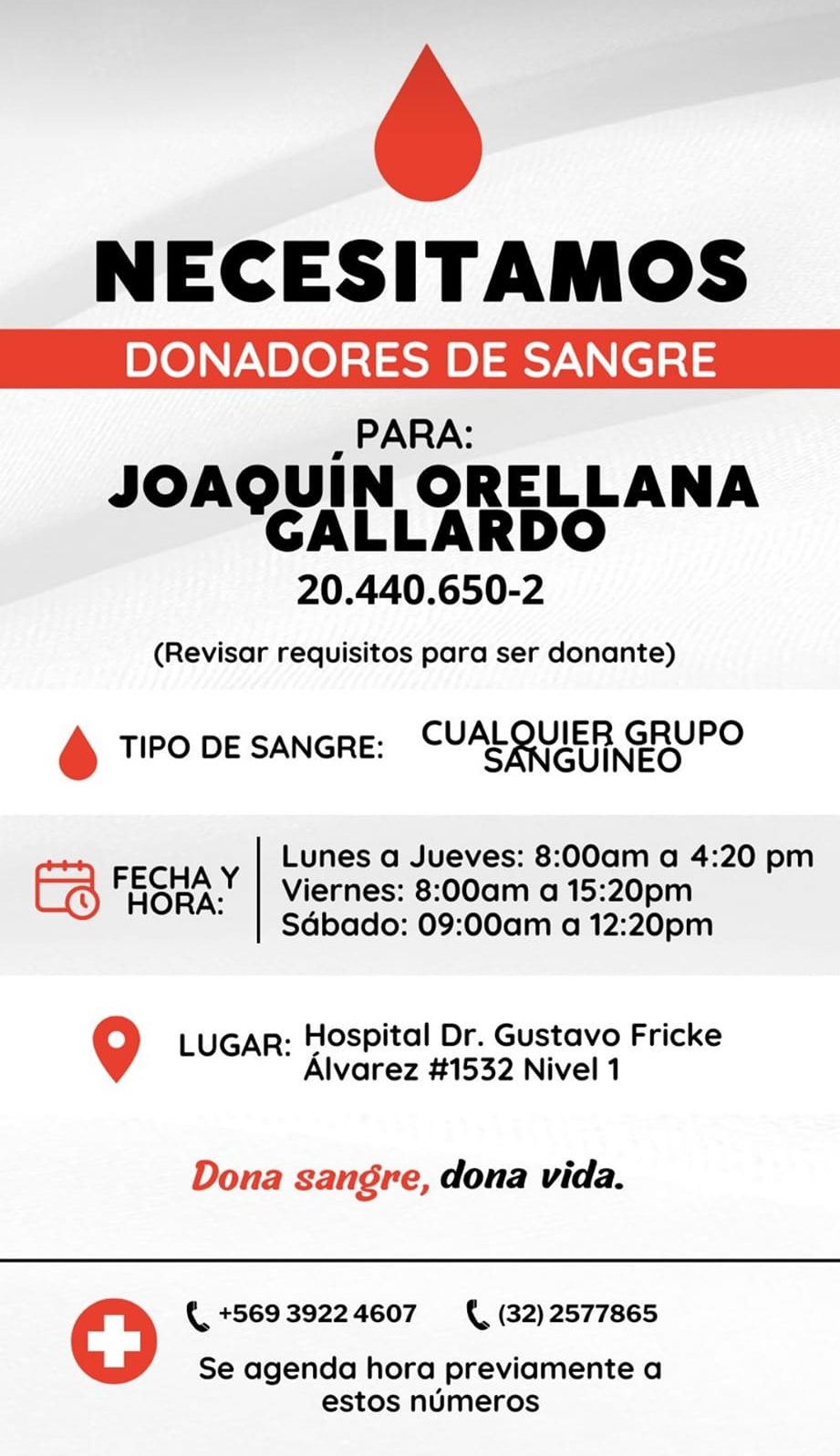 Campaña de donación de sangre para Joaquín Orellana Gallardo