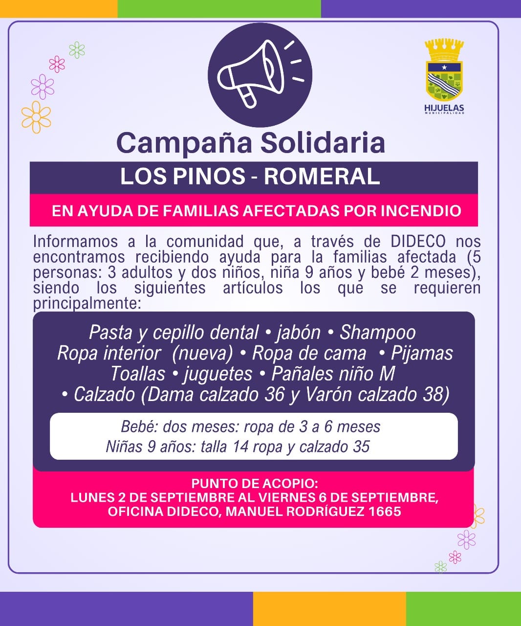 Campaña solidaria Hijuelas incendio Romeral 2024