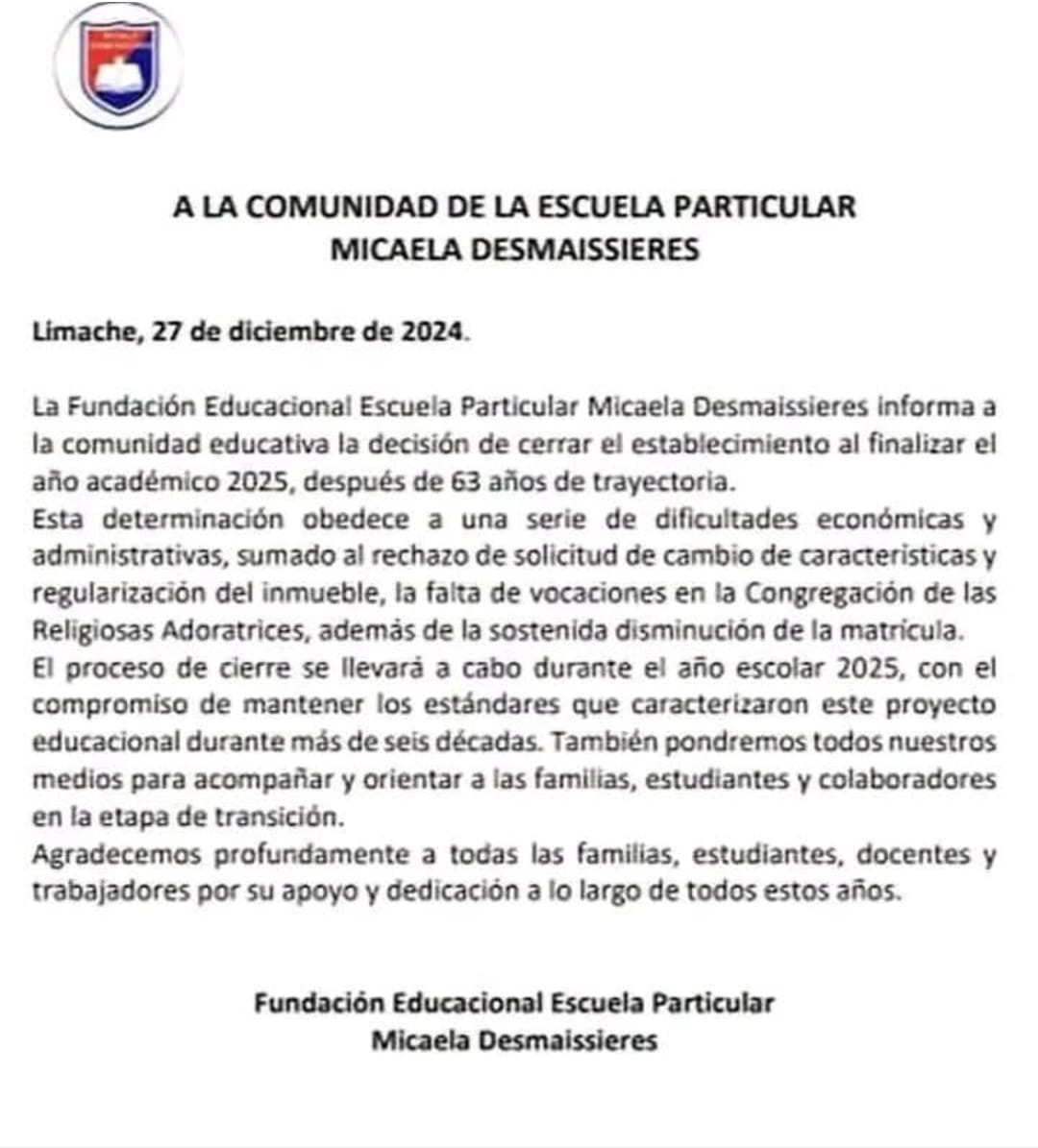 Este 2025 es el último año en que funcionará esta escuela de Limache